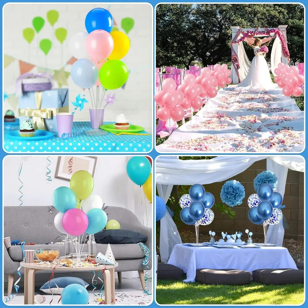 Une décoration de ballons roses et bleus disposés sur un chemin floral blanc pour un fond de fête.
