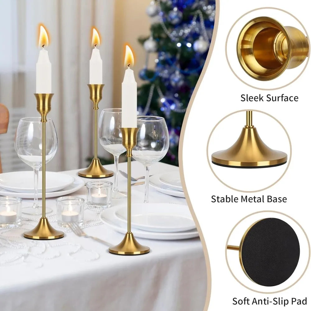 A set of three vintage European style metal candle holders with sleek surfaces and soft anti-slip pads.