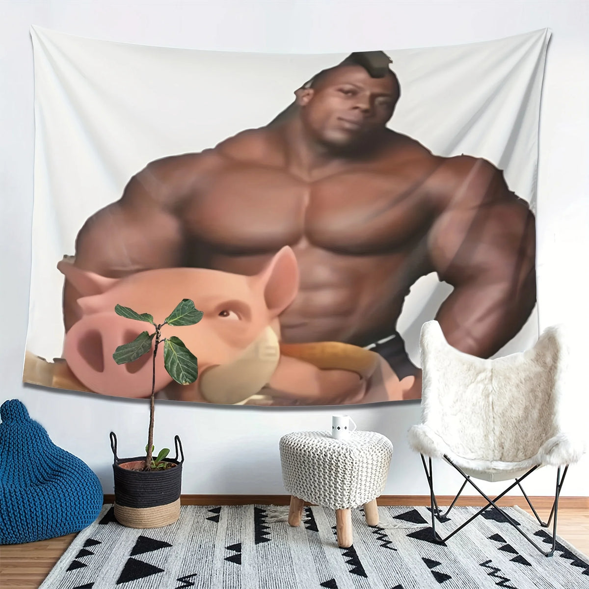 A tapestry featuring a muscular man and a pig in a realistic style.