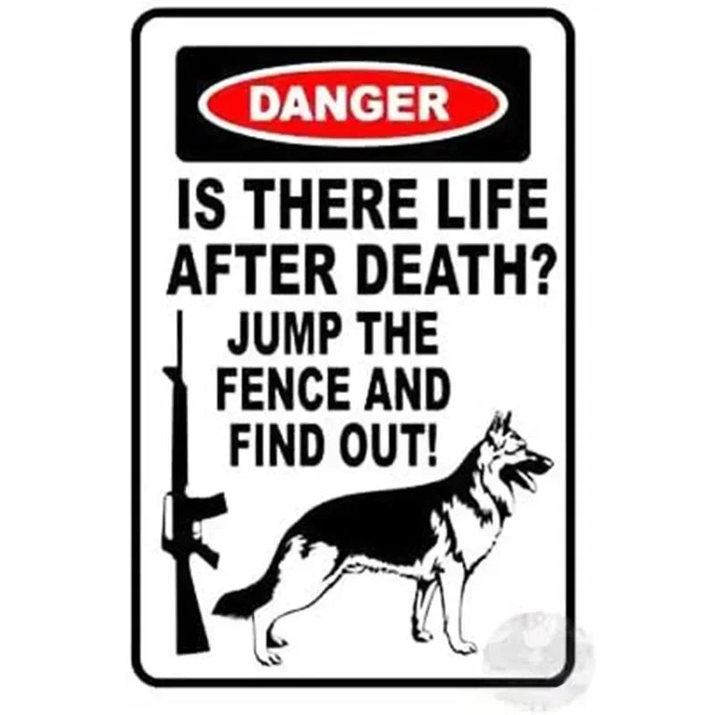 A vintage tin sign with a black and white graphic featuring the text Is there life after death? Jump the fence and find out!