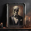 A dark oil painting of a human skull wearing a tuxedo, framed in ornate gold and dark wood.