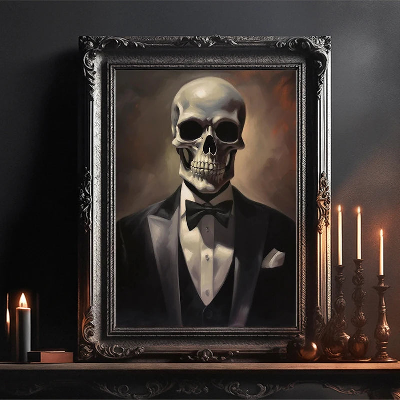A dark oil painting of a human skull wearing a tuxedo, framed in ornate gold and dark wood.