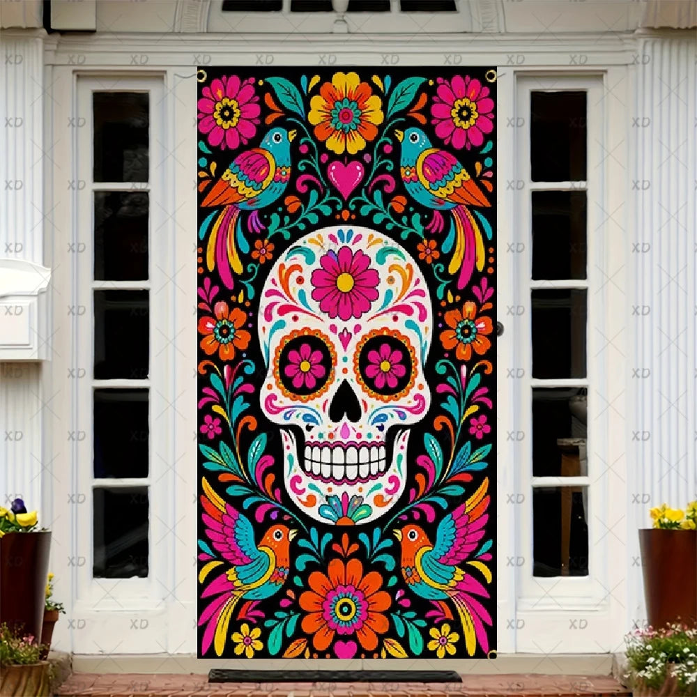 A vibrant sugar skull dia de los muertos door cover featuring colorful floral and bird patterns.