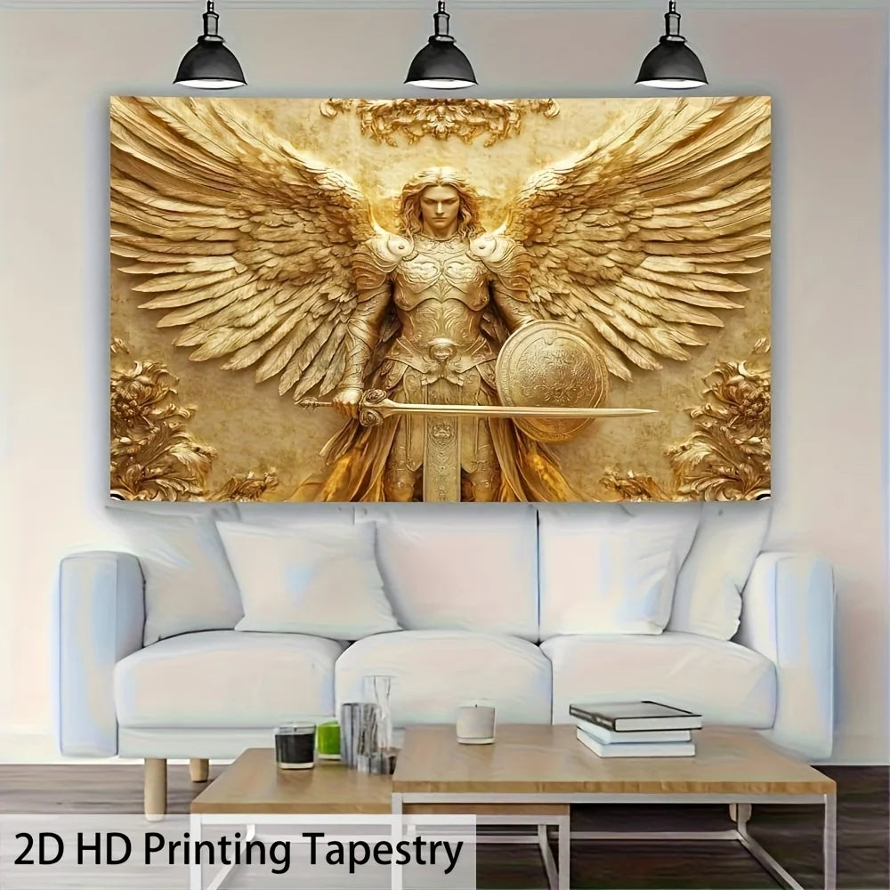 Golden tapestry featuring an archangel Michael with large feathered wings and a golden halo