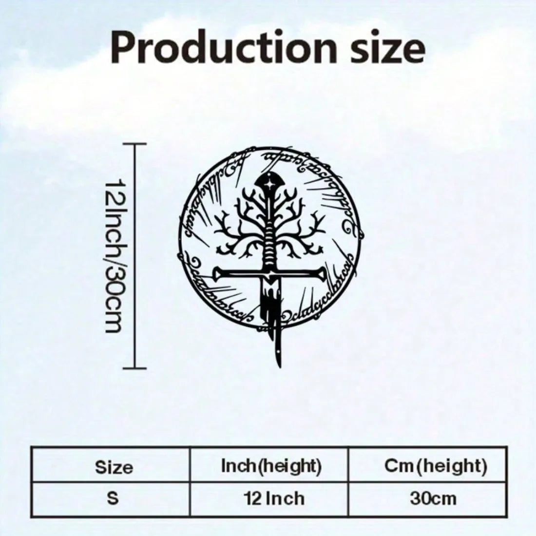 Diagram showing the production size of a Lord of the Rings sword wall art, with dimensions listed as 12 inches or 30 cm.
