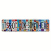 A rustic metal sign featuring the text ITS5 O'CLOCK SOMEWHERE in various colorful letters for bar and wall decor.