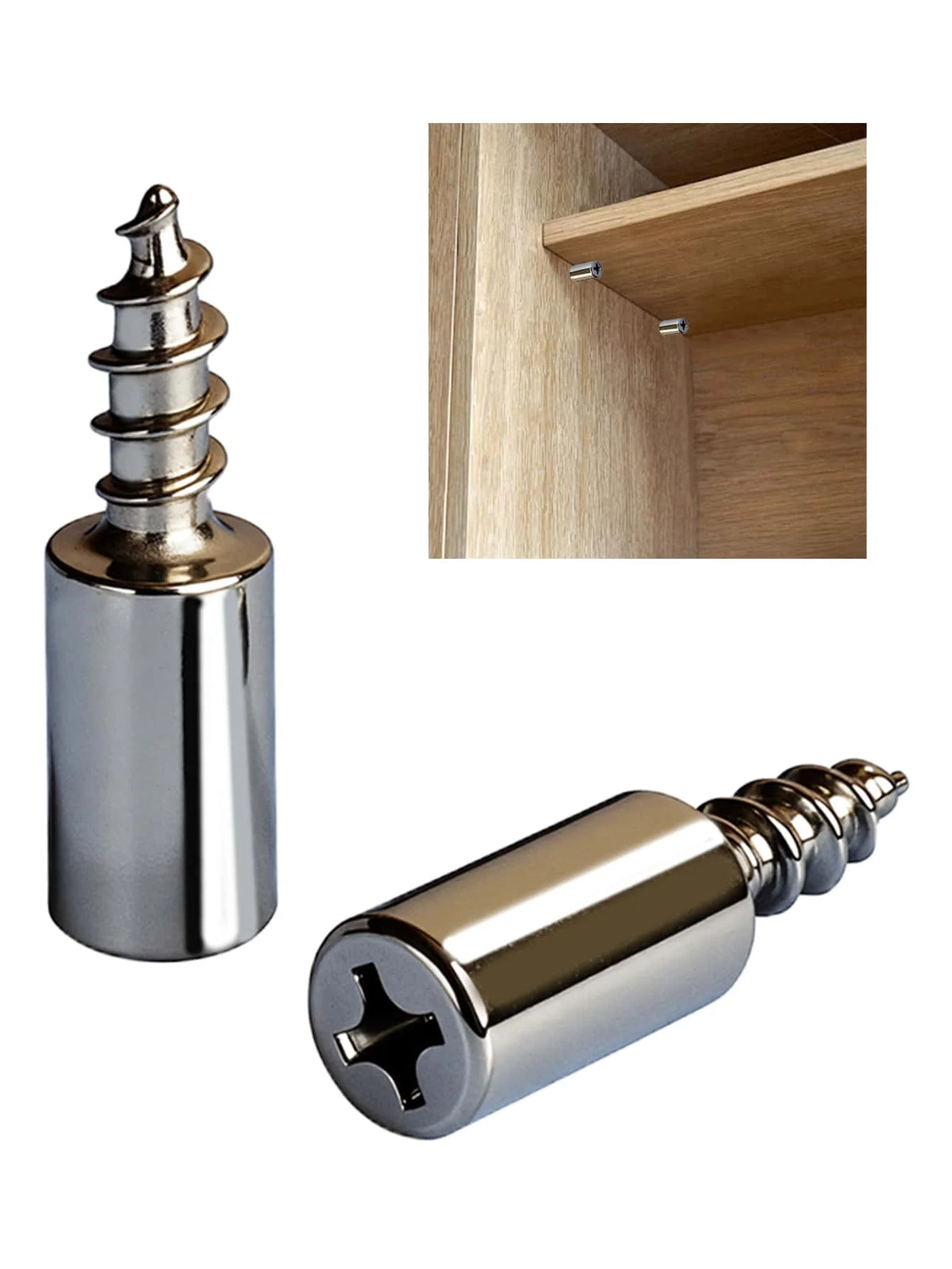 A close-up view of a silver metal shelf support peg with a threaded screw, shown next to an inset showing its installation.
