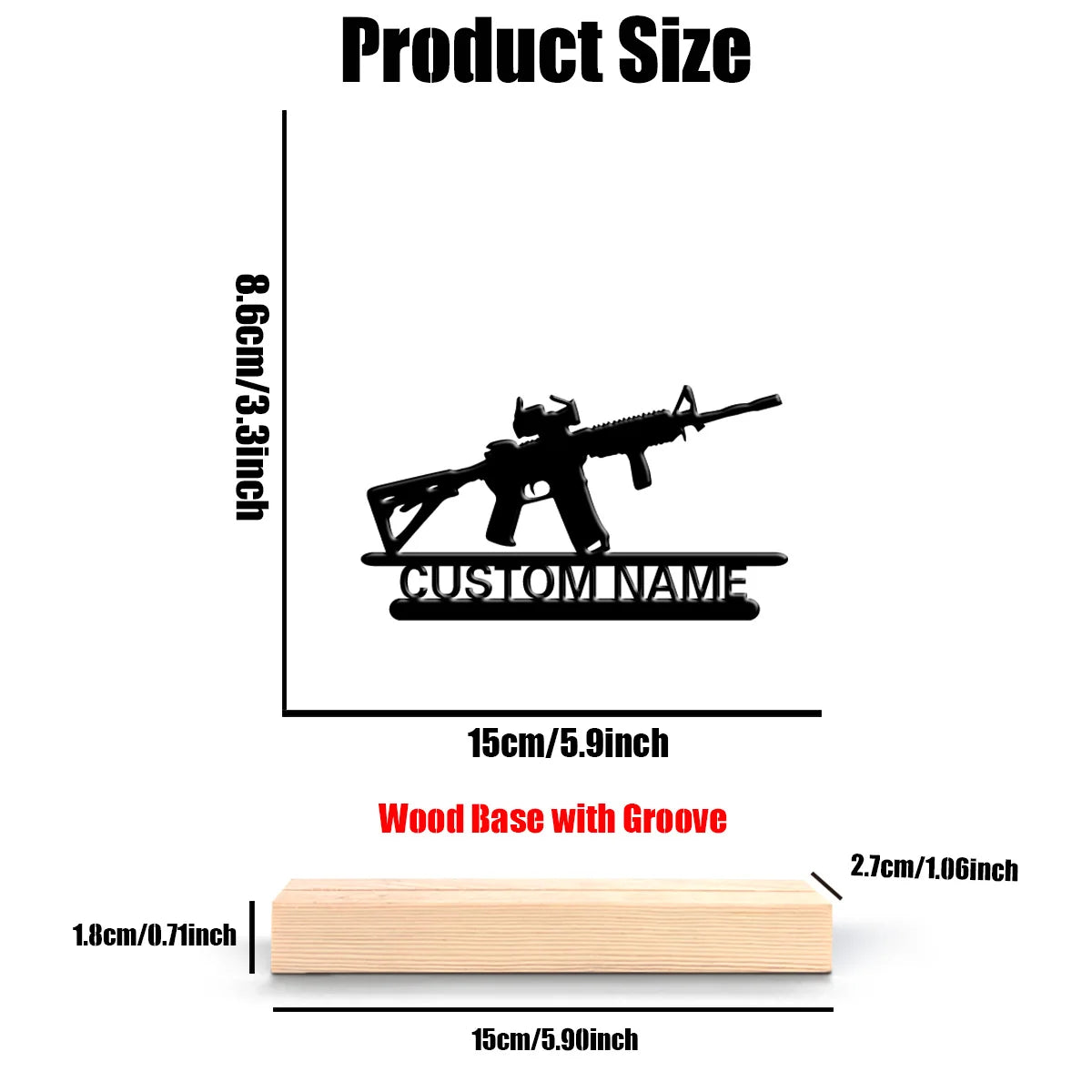 A black metal rifle statue with a custom name engraved on it, mounted on a wooden base.