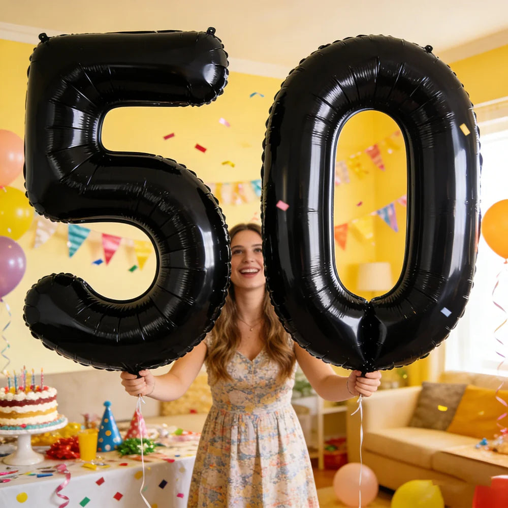 A woman holds two giant black foil balloons shaped like the number 50 in a brightly lit party setting.