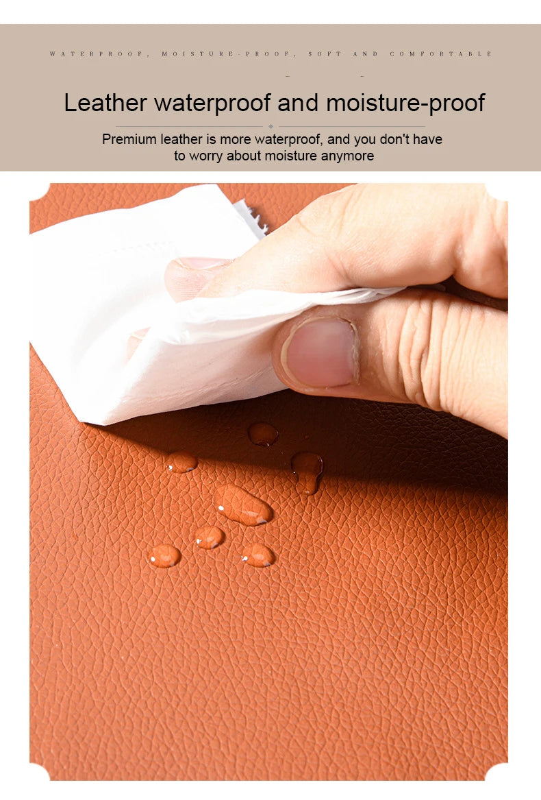 A hand is applying a white patch to an orange leather surface, demonstrating the waterproof and moisture-proof nature of the 