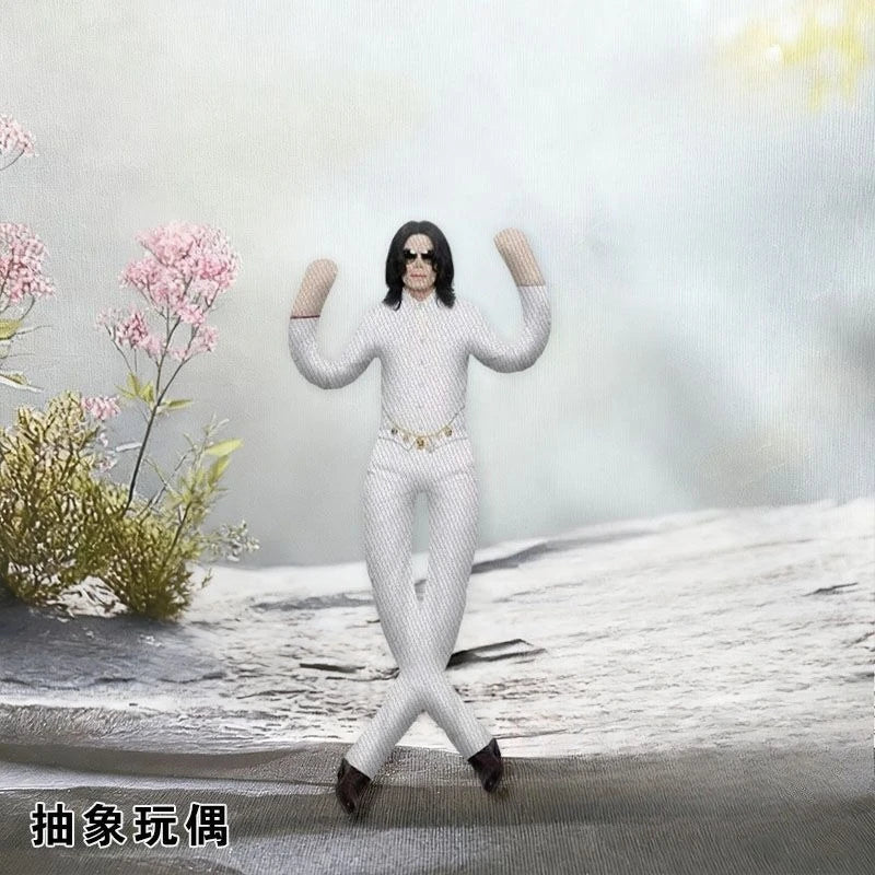 A white plush doll resembling Michael Jackson in a standing pose against a snowy background.