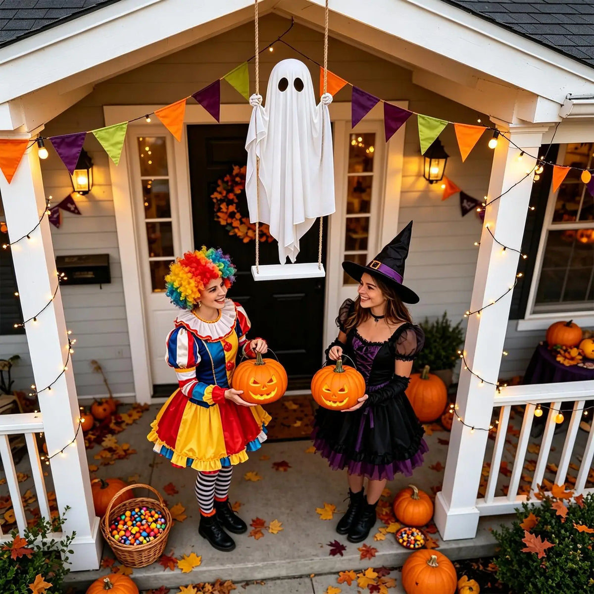 Une femme en costume coloré se tient sur une entrée décorée pour Halloween avec un fantôme et des citrouilles.