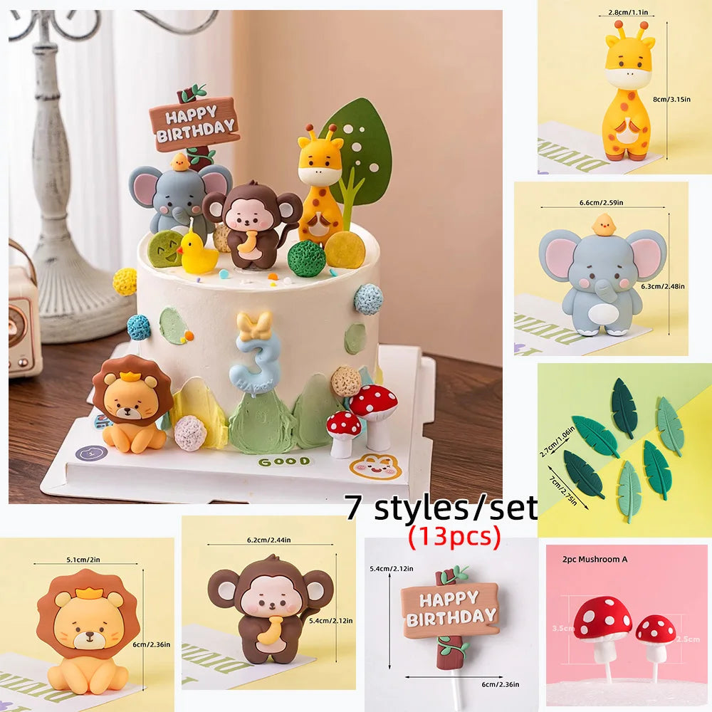 A set of seven jungle animal cake toppers including a lion, monkey, elephant, and others for birthday parties