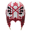 A white sleep mask with a red, stylized design resembling a crown or abstract pattern.