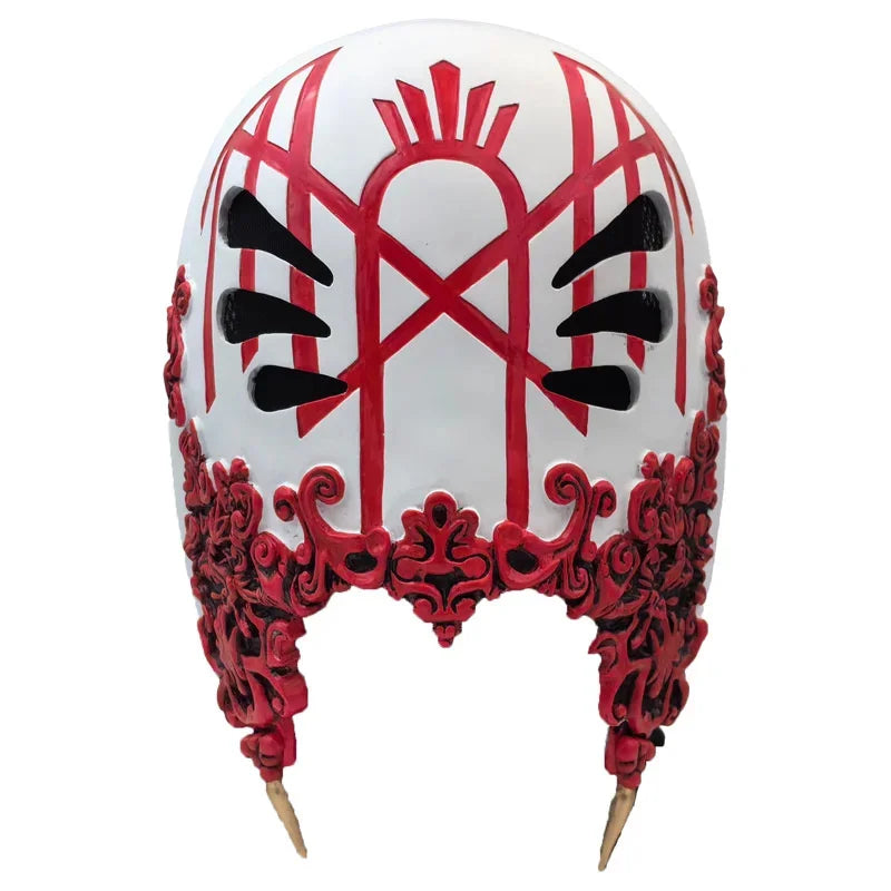 A white sleep mask with a red, stylized design resembling a crown or abstract pattern.