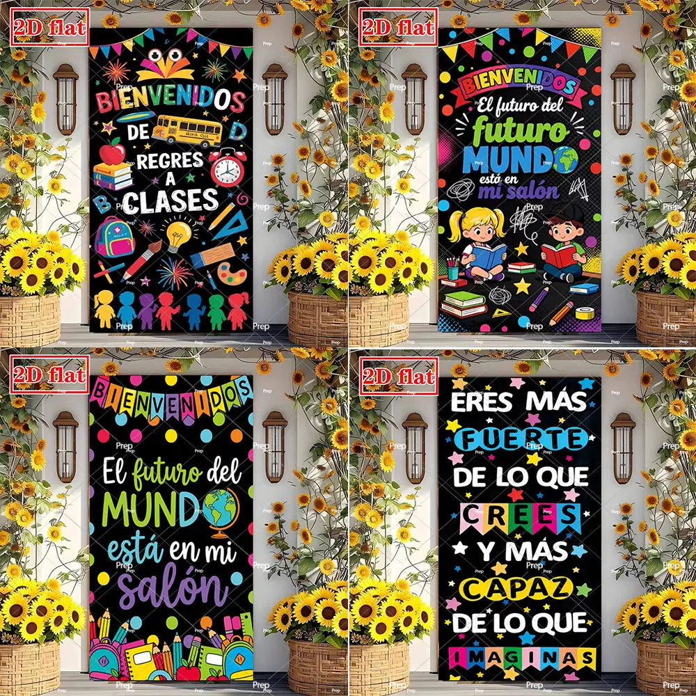 A vertical classroom door banner decorated with colorful illustrations and text welcoming students back to class.
