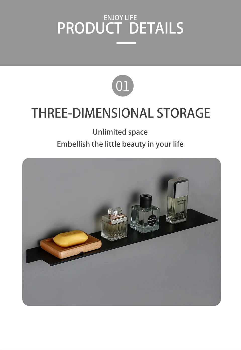 A modern matte black wall shelf displaying various small glass and wooden containers.