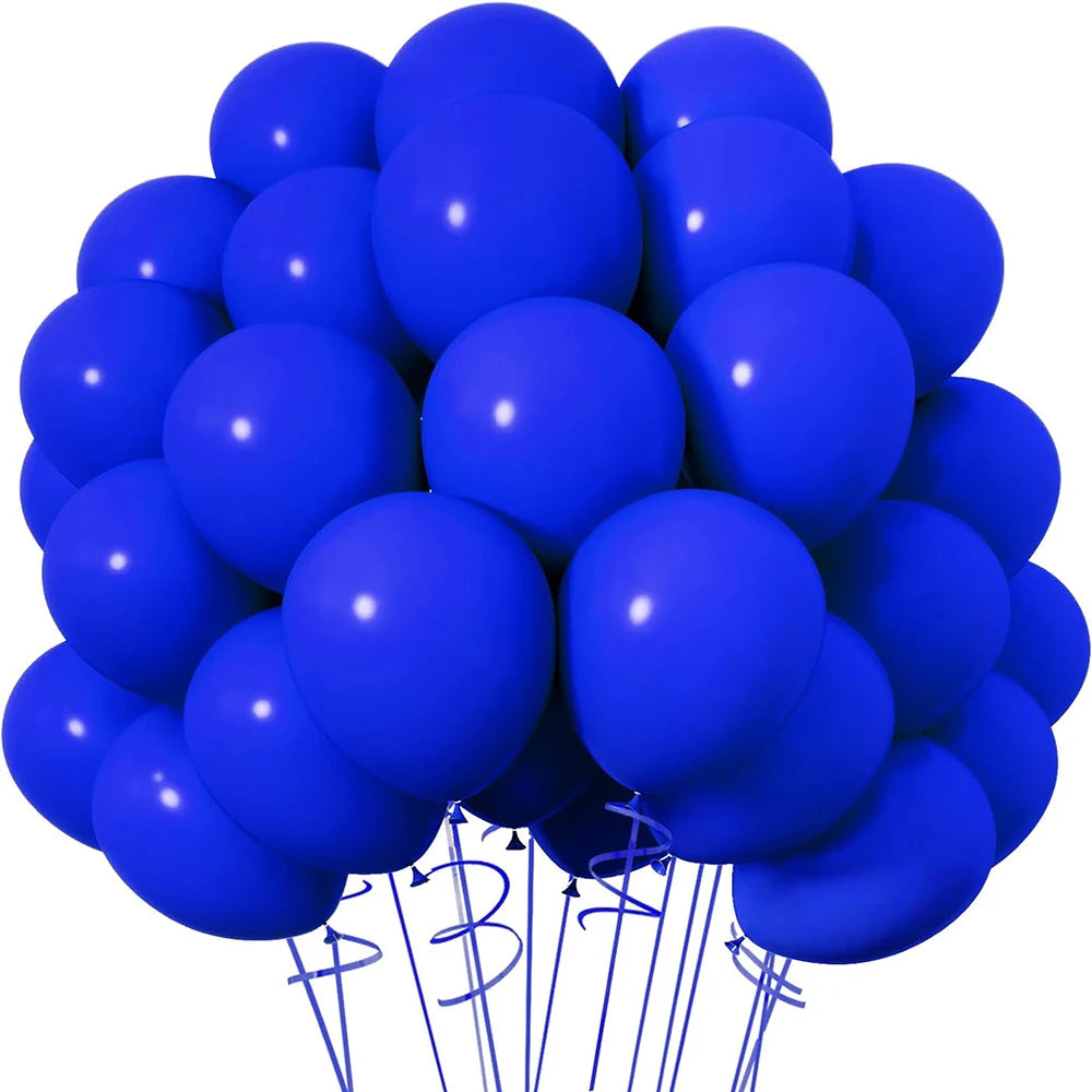 A cluster of bright blue latex balloons tied together with strings.
