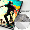 A framed canvas print depicting a person skateboarding against a vibrant, colorful background.