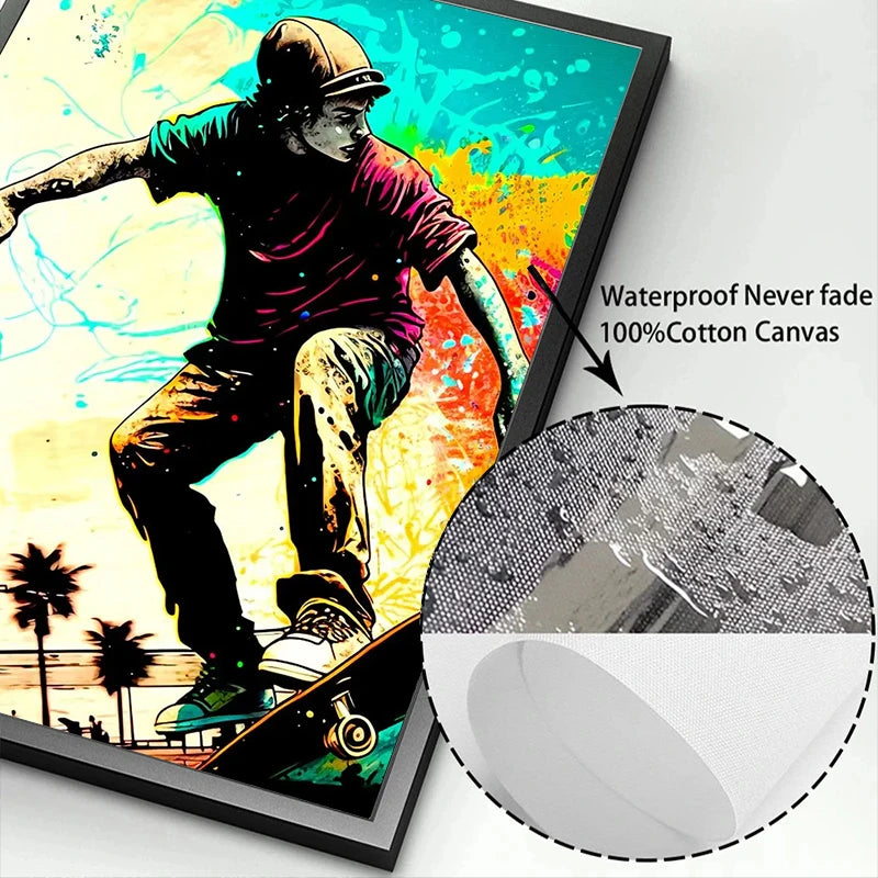 A framed canvas print depicting a person skateboarding against a vibrant, colorful background.