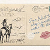 A vintage postcard featuring a line drawing of a cowgirl on horseback, with text that reads Gone West to chase sunsets under 