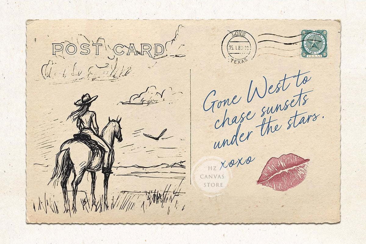 A vintage postcard featuring a line drawing of a cowgirl on horseback, with text that reads Gone West to chase sunsets under 