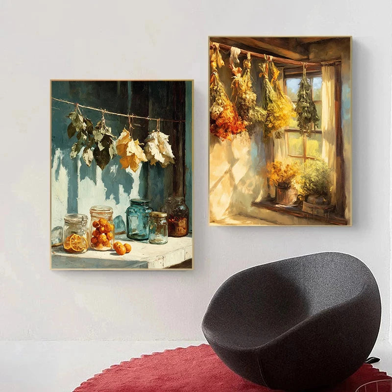 A canvas art print depicting a still life of dried foliage and fruit hanging in a window frame.