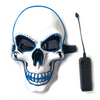 A white skull mask with blue accents and a black strap, featuring an LED light connection.