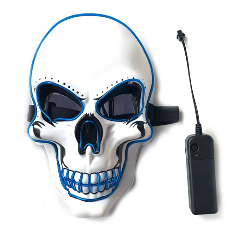 A white skull mask with blue accents and a black strap, featuring an LED light connection.