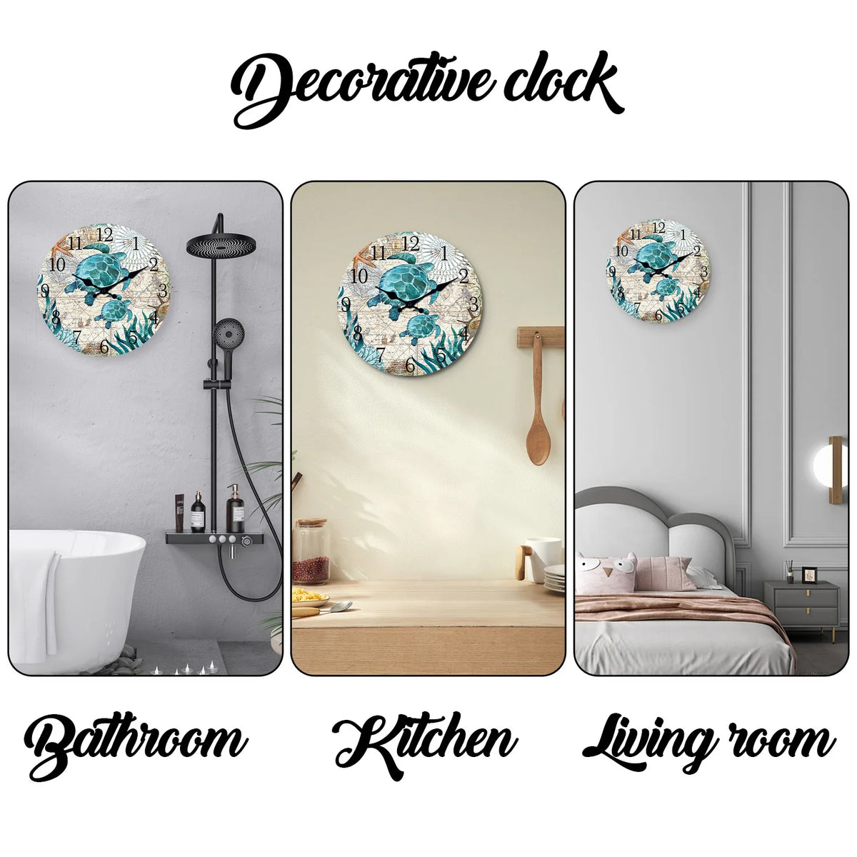 Decorative wall clock featuring a wooden turtle design in blue and teal on a light gray wall.