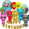 A collection of colorful balloons featuring various character designs for a birthday party set.