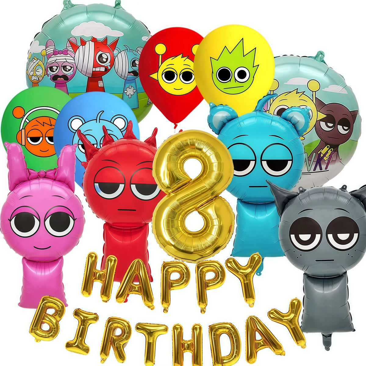 A collection of colorful balloons featuring various character designs for a birthday party set.