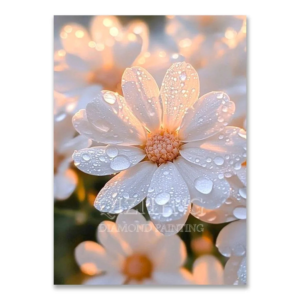 A close-up of a white flower covered in water droplets, suitable for a Diamond Painting kit.