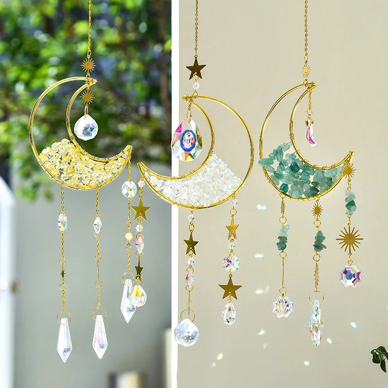 Gold moon suncatcher wind chime with prism accents featuring crescent shapes and hanging crystals