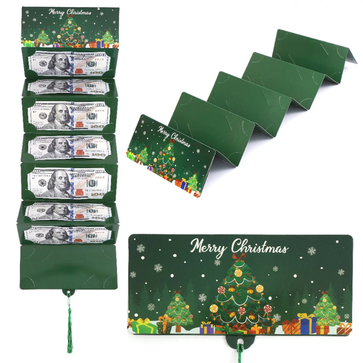 A set of ten green card slots for holding cash gifts, arranged in a diagonal row.