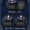 A set of two High Priestess tarot candles with crystal stones, presented in dark tins.