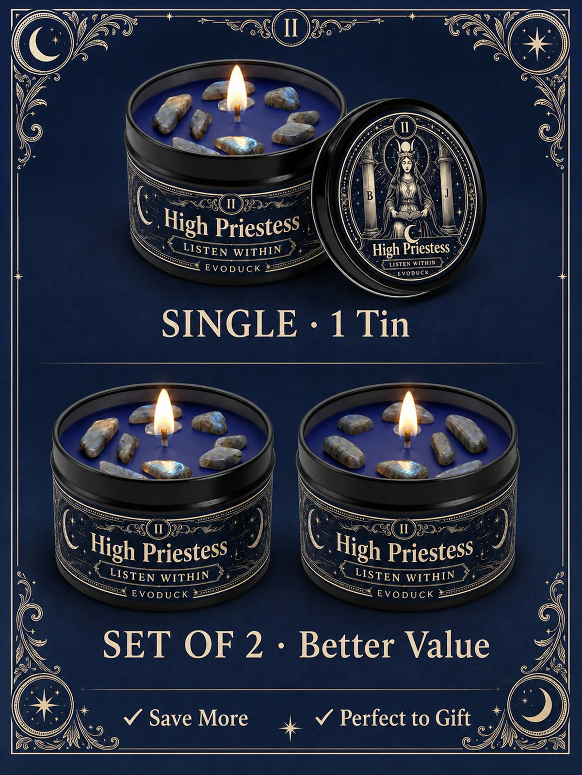 A set of two High Priestess tarot candles with crystal stones, presented in dark tins.