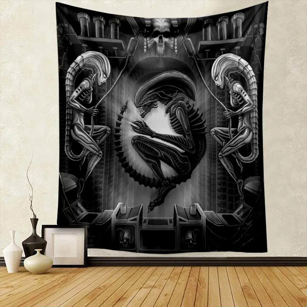 A dark tapestry wall hanging depicting a stylized alien predator with sharp teeth and menacing features.