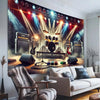 A large wall hanging depicting a vivid rock band stage with bright spotlights and musical equipment.
