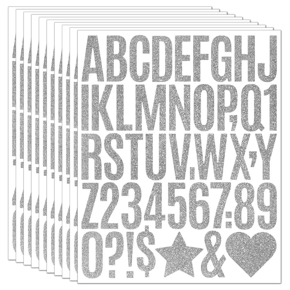 A set of glitter alphabet letter stickers showing the entire English alphabet from A to Z and various punctuation marks.