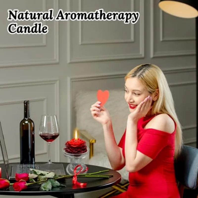 A woman holds a red heart-shaped candle in her hand against a blurred background.
