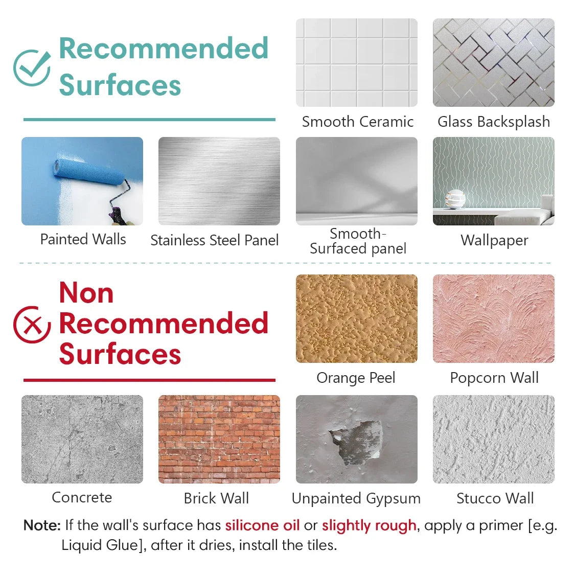 Comparison of recommended and non-recommended wall surfaces for tile installation.