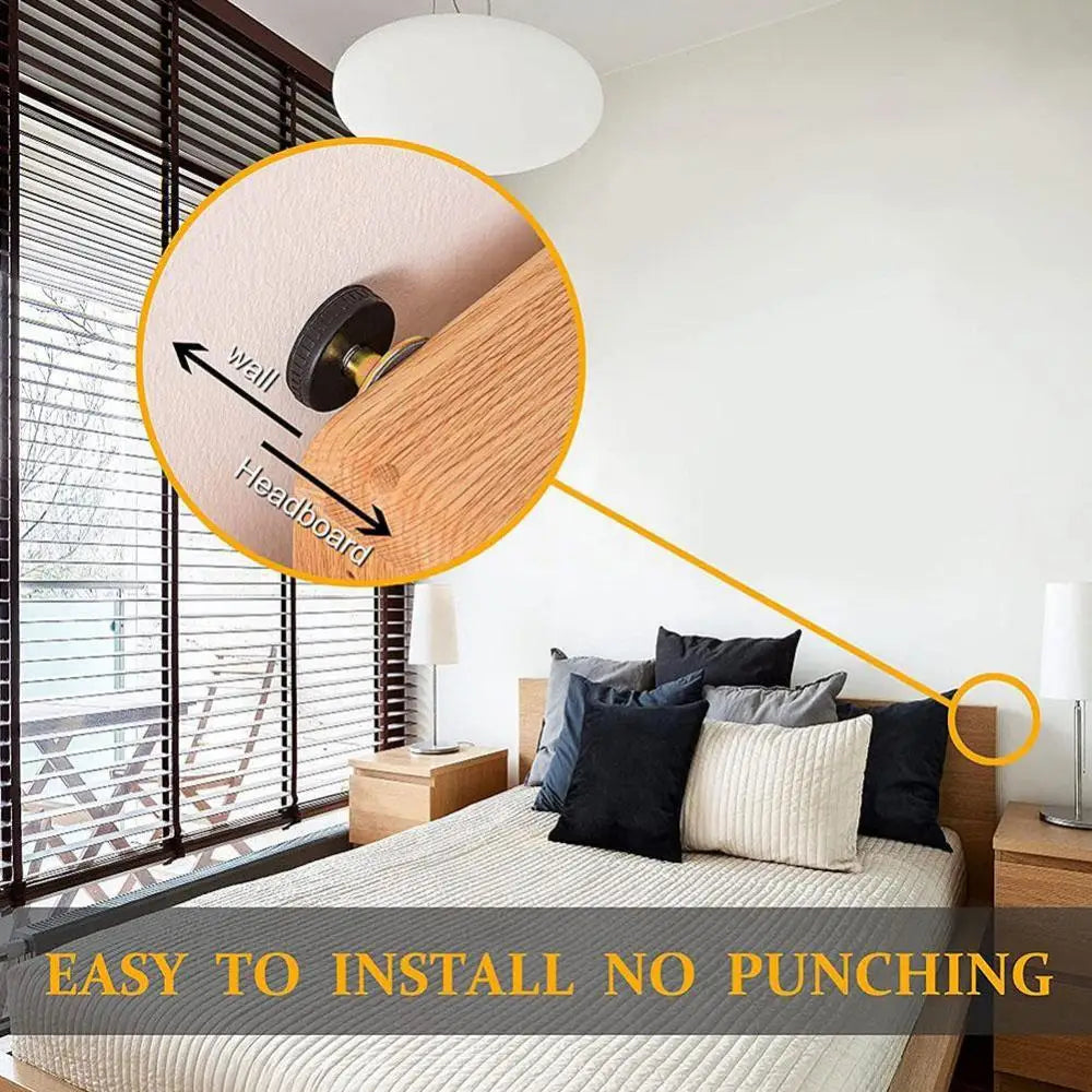 Installation guide showing how to install an adjustable bed stabilizer on a wall using a headboard and wood panel.