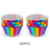 A bulk pack of 200 colorful rainbow disposable cupcake liners in a clear plastic container.
