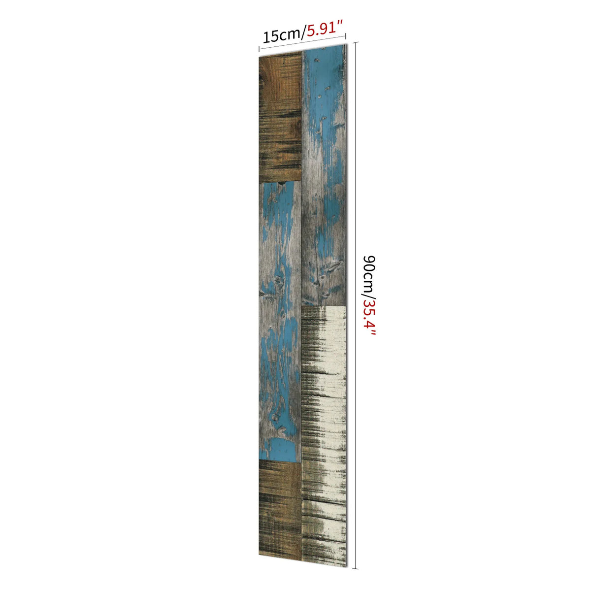 Vertical rectangular wood grain self-adhesive decal featuring various shades of blue, brown, and white textures.