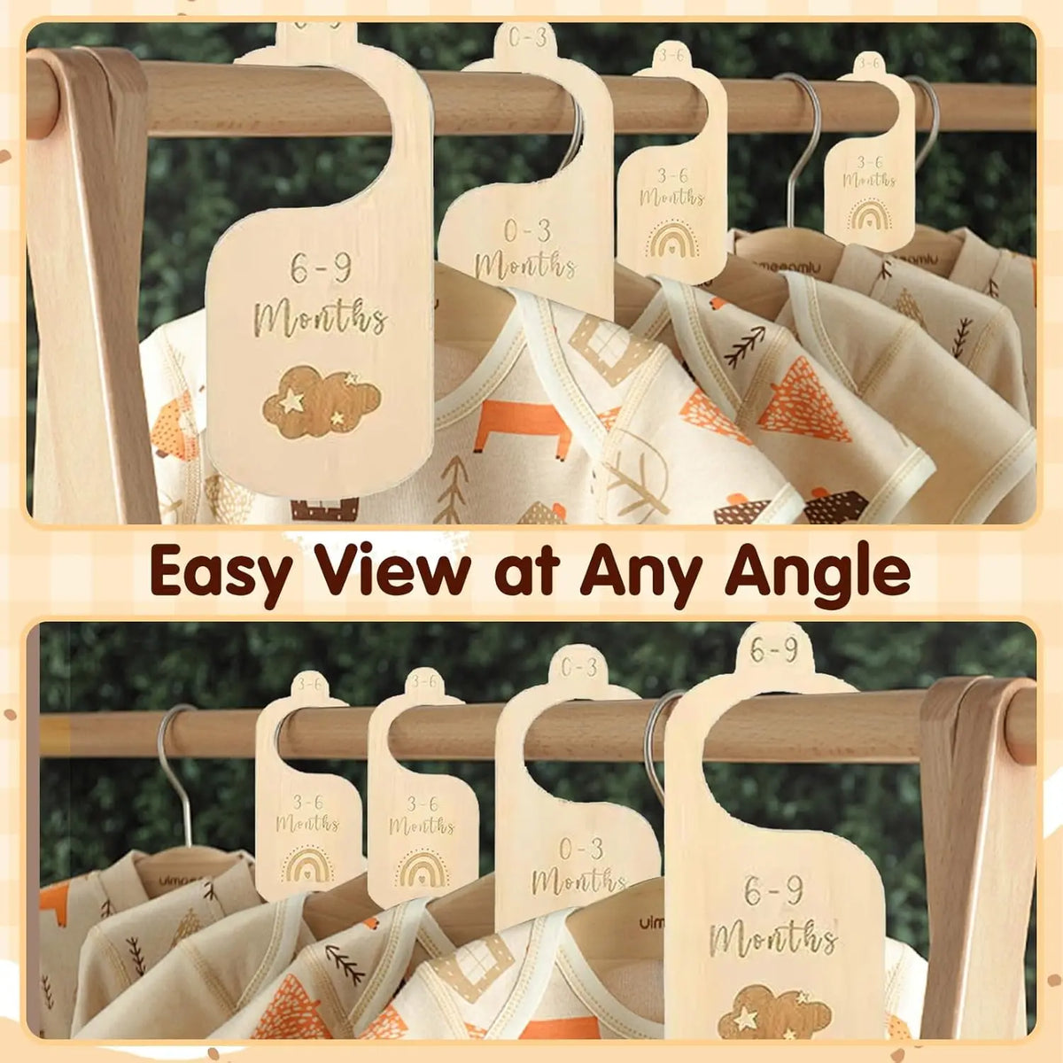 Wooden baby closet dividers with rainbow cloud design showing various sized hangers for infants