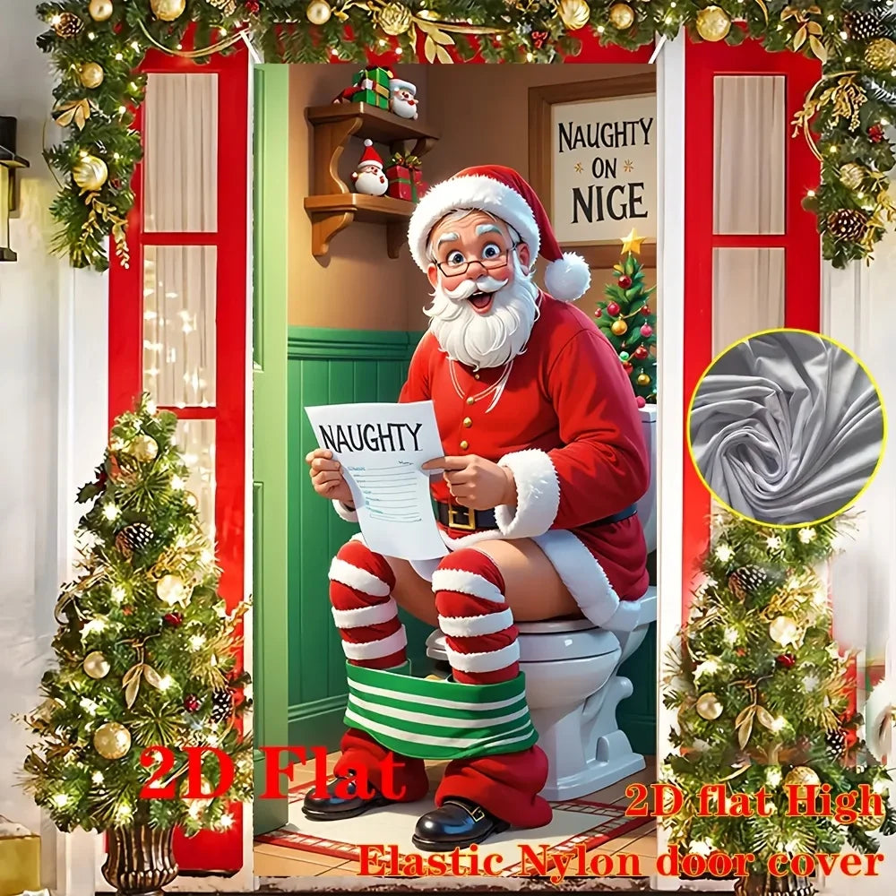 A festive Christmas decor featuring a Santa figure sitting on a toilet, used as a door cover.