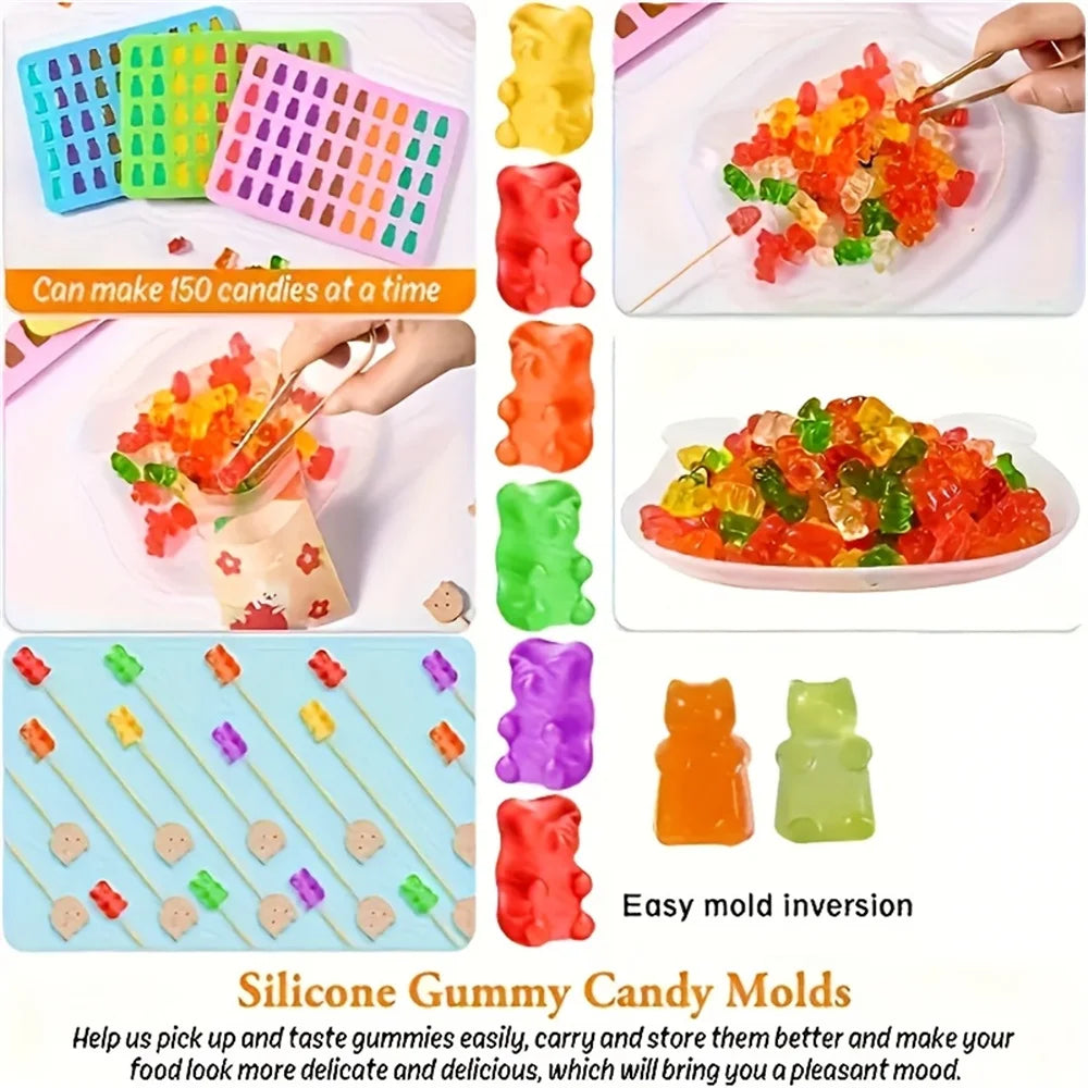 A silicone candy mold kit with various colored molds and droppers used for making candies.