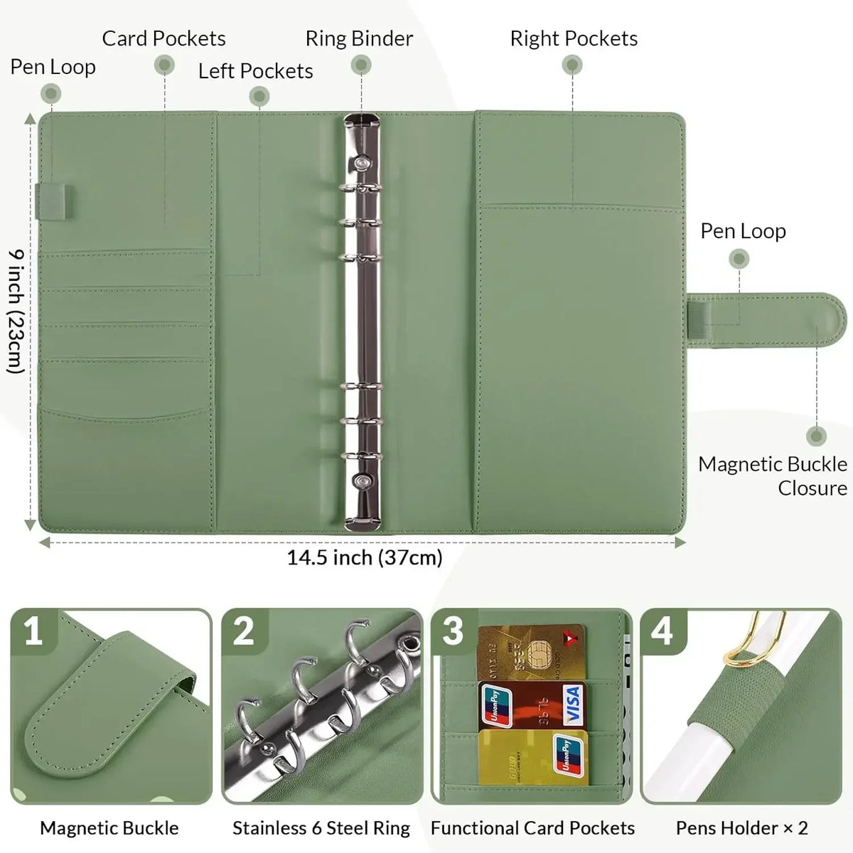 Carpeta verde con desafíos A5 para presupuestar, mostrando varios bolsillos y características de encuadernación.