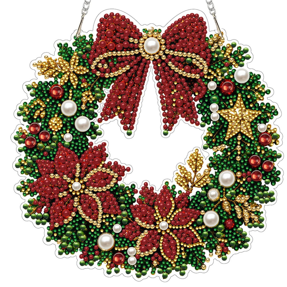 An LED-illuminated diamond painting wreath kit featuring red berries, green foliage, and white pearls.